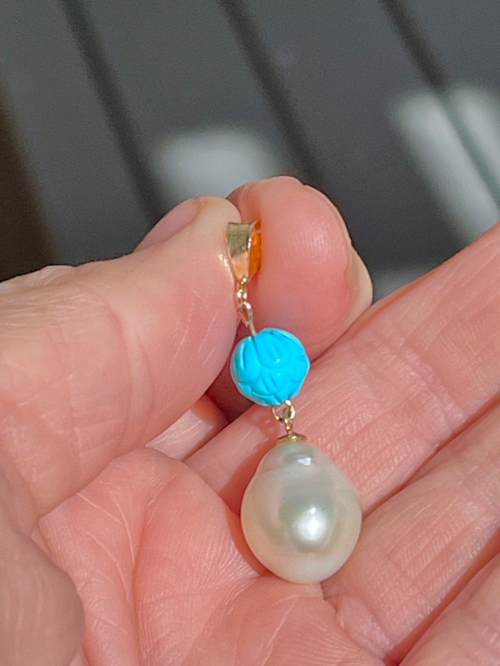 14k Gold Sleeping Beauty Turquoise Large South Sea White Tahitian Pearl Pendant